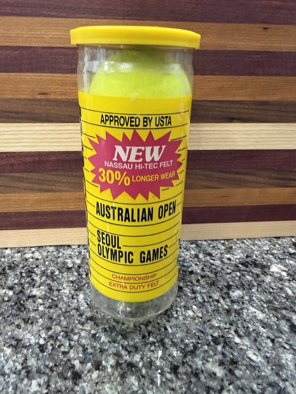 Vintage Nassau Australian Open Seoul Olympic Games Tennis Balls Factory Seal Can